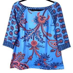Gretchen Scott Designs Boatneck Stretch Jersey Paisley Floral Top Blue Coral Lrg